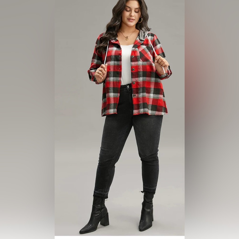 Bloomchic Plaid Patchwork Hooded Drawstring Butto… - image 6